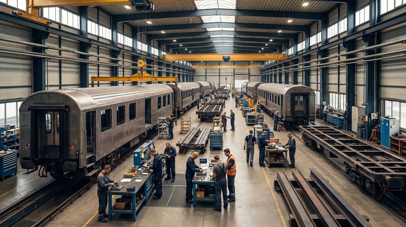 Large railcar manufacturing facility with multiple production zones