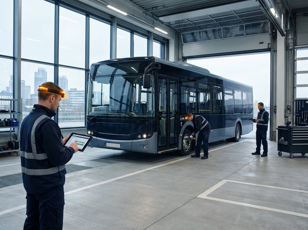 Low-floor transit bus undergoing systems inspection