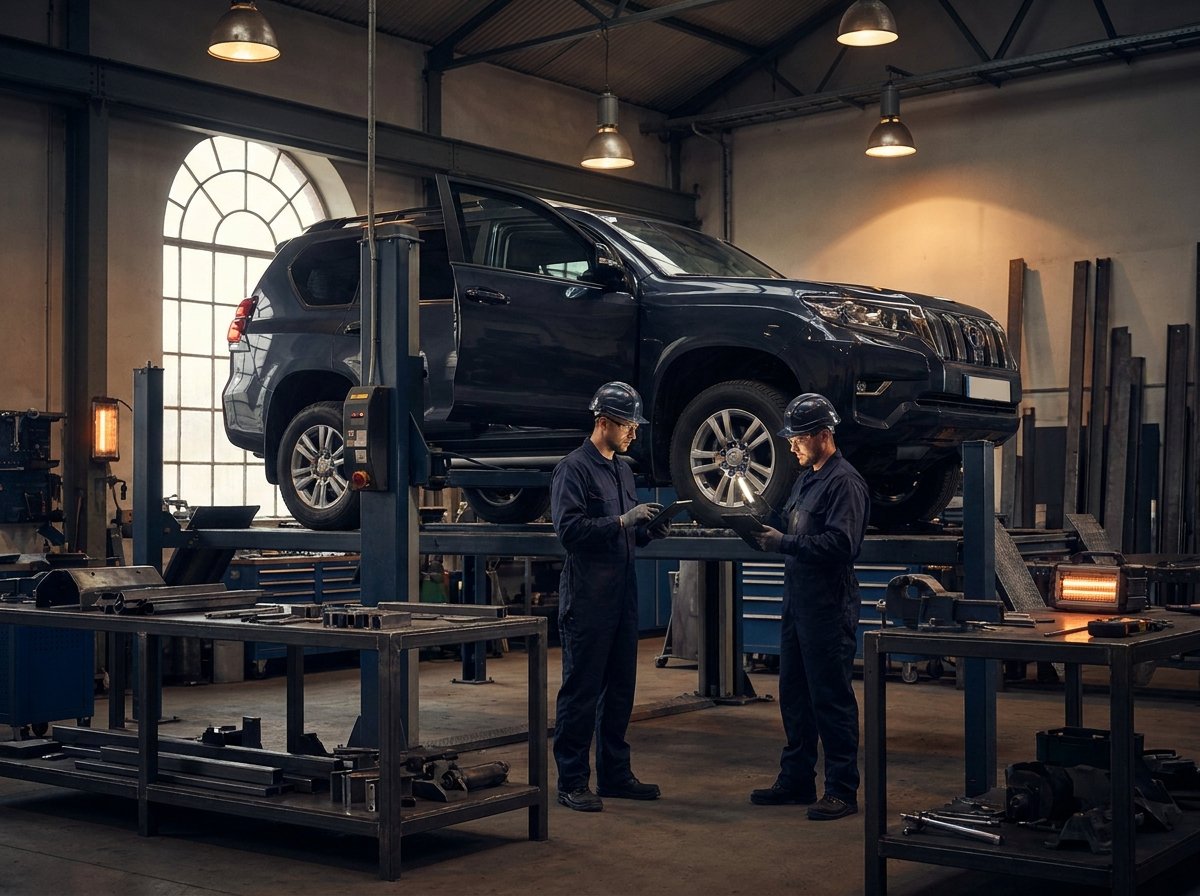 Civilian armoured vehicle undergoing engineering inspection