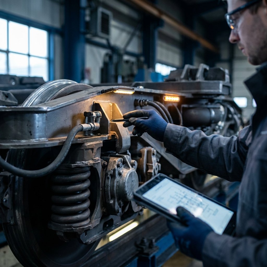 Engineer inspecting a rail bogie and brake interface