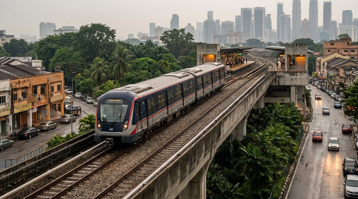 Light rail train on the elevated Ampang Line in Kuala Lumpur