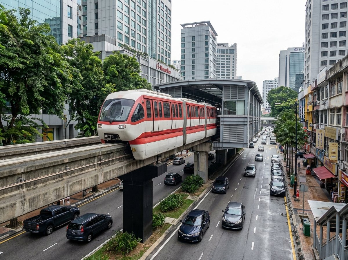 Monorail travelling above a central Kuala Lumpur street