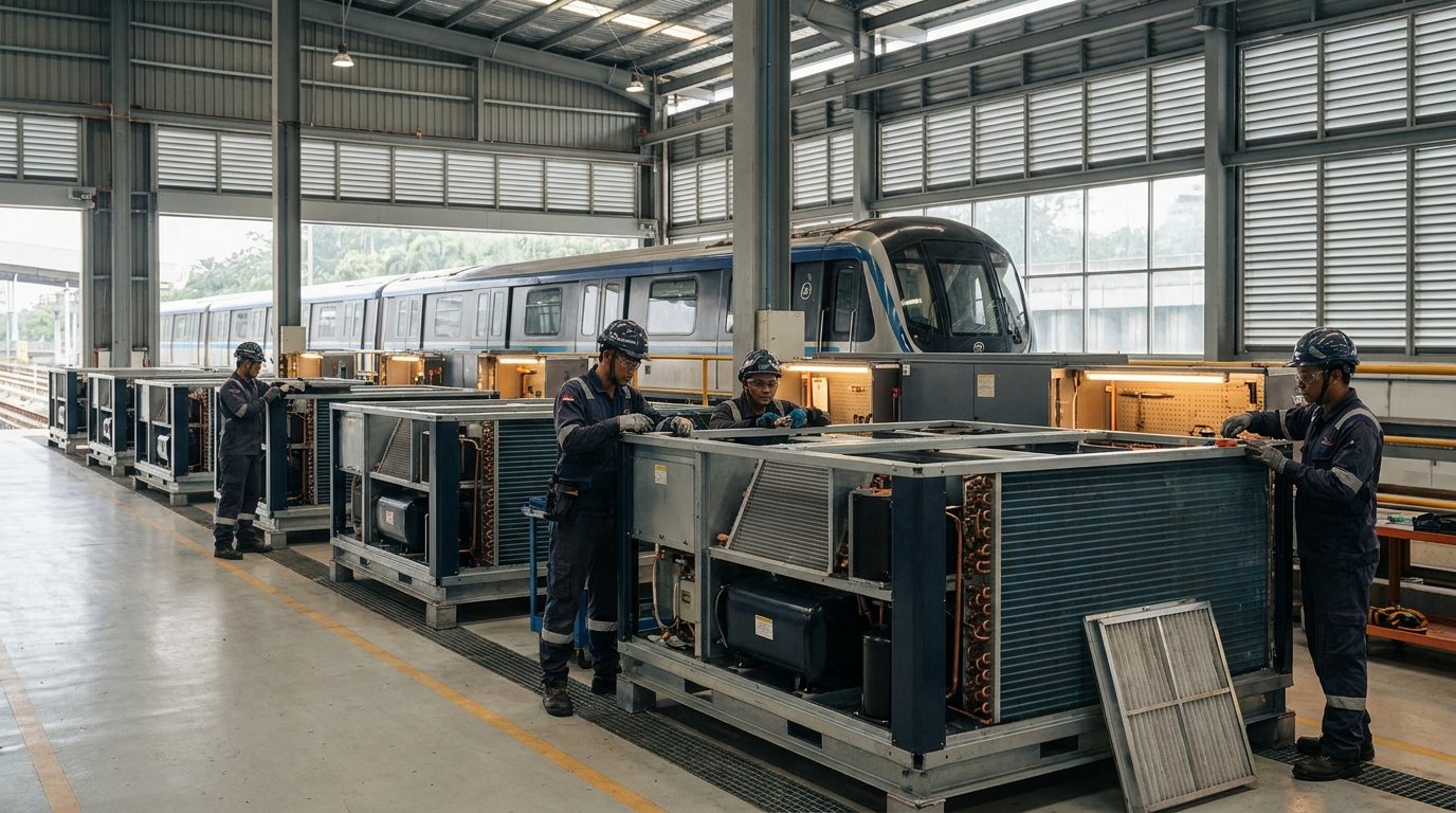 Rail HVAC units undergoing fleet overhaul in a Kuala Lumpur depot