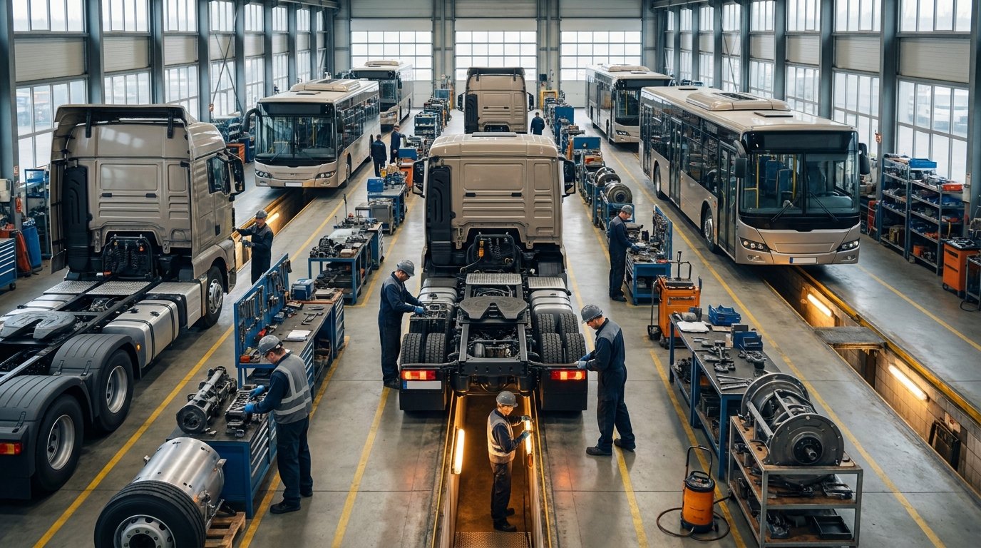 Heavy trucks and buses in a commercial vehicle facility
