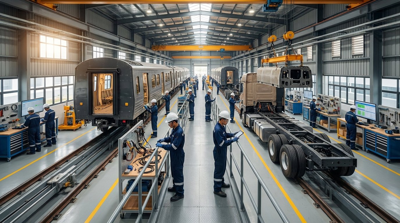 Rail vehicles moving through a modern production line