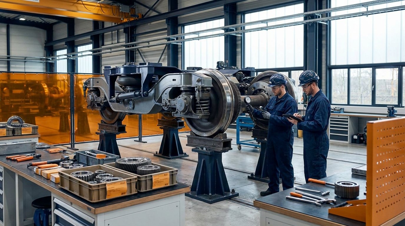 Passenger train bogie undergoing scheduled maintenance