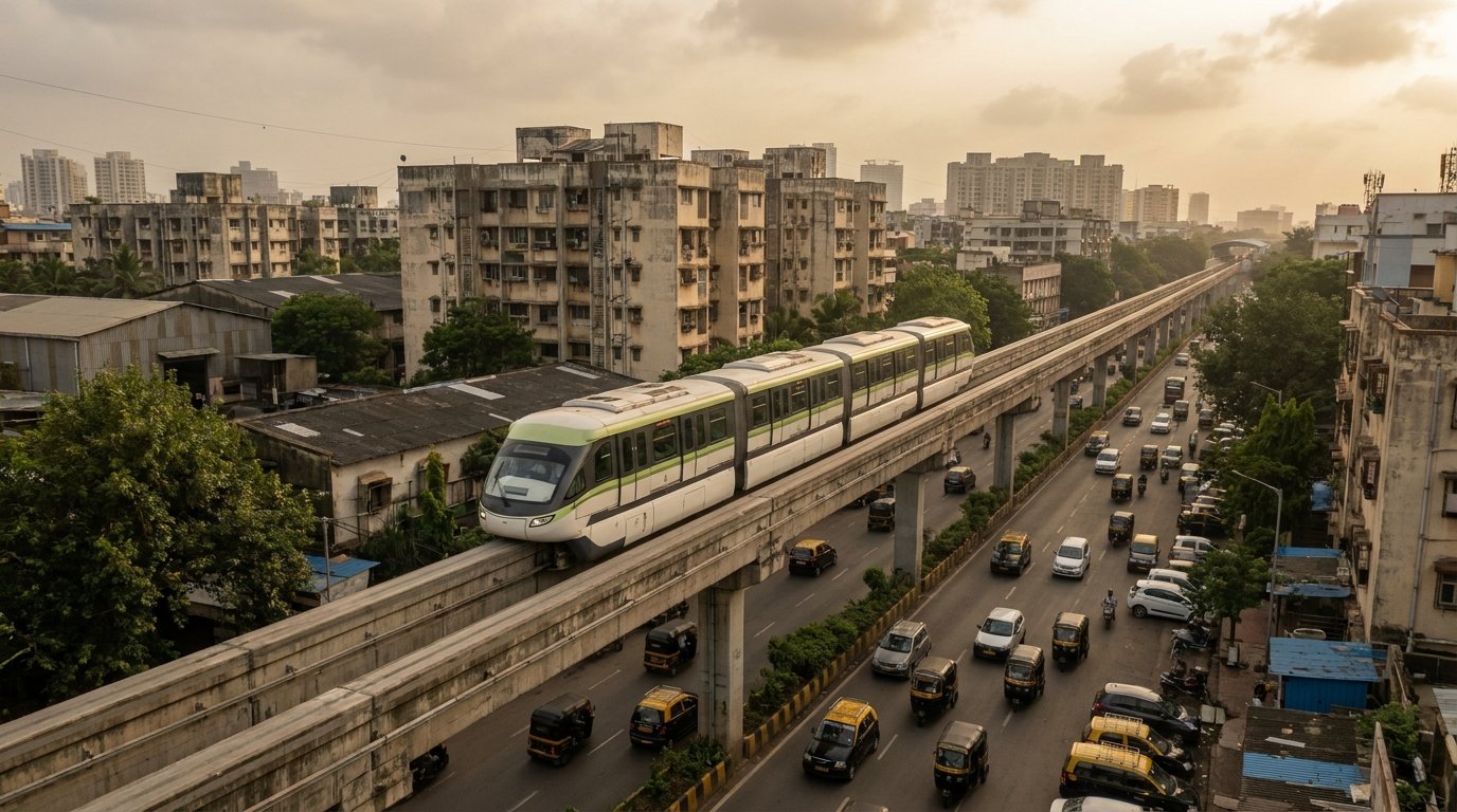 Mumbai monorail travelling above a dense urban corridor