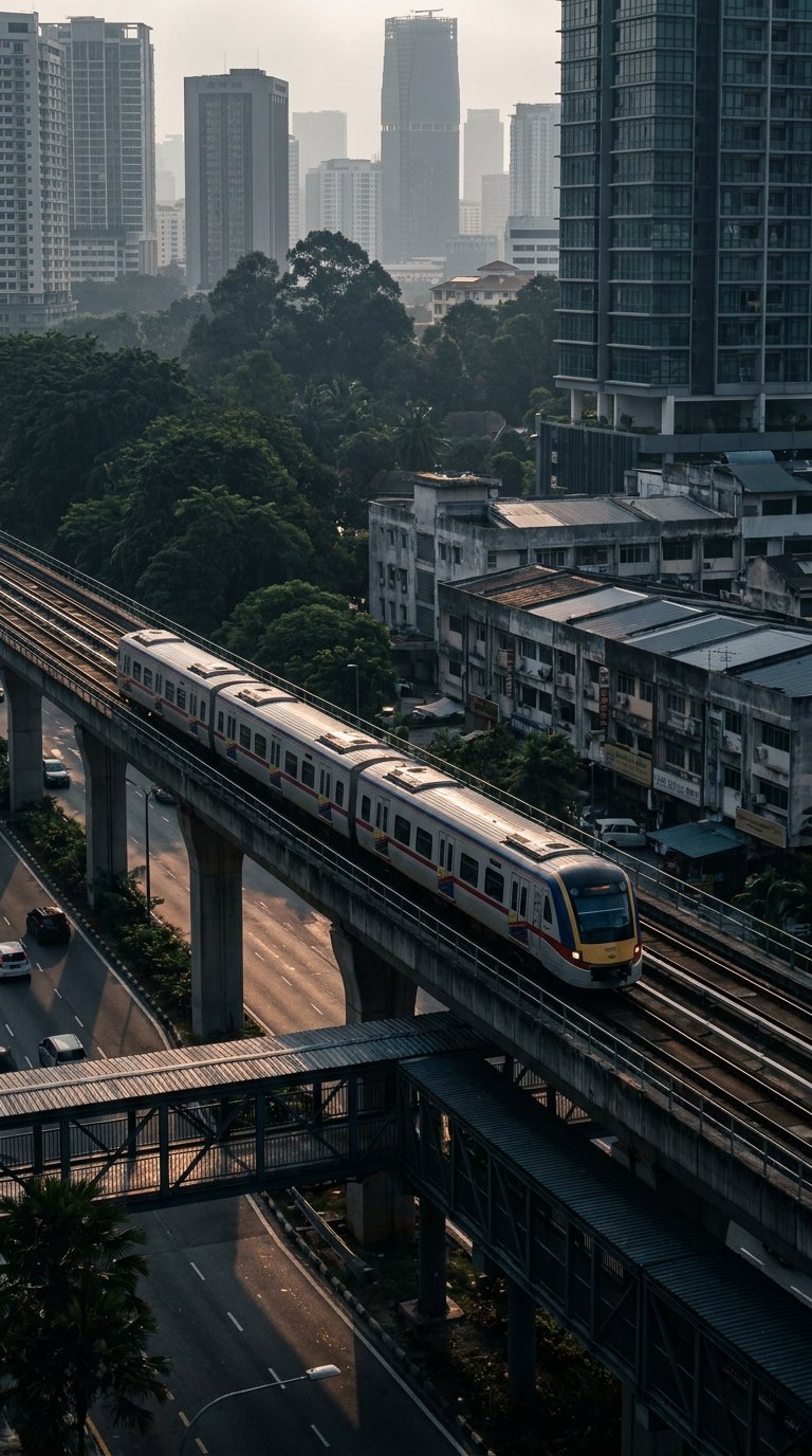 Commuter train travelling through a tropical Kuala Lumpur corridor