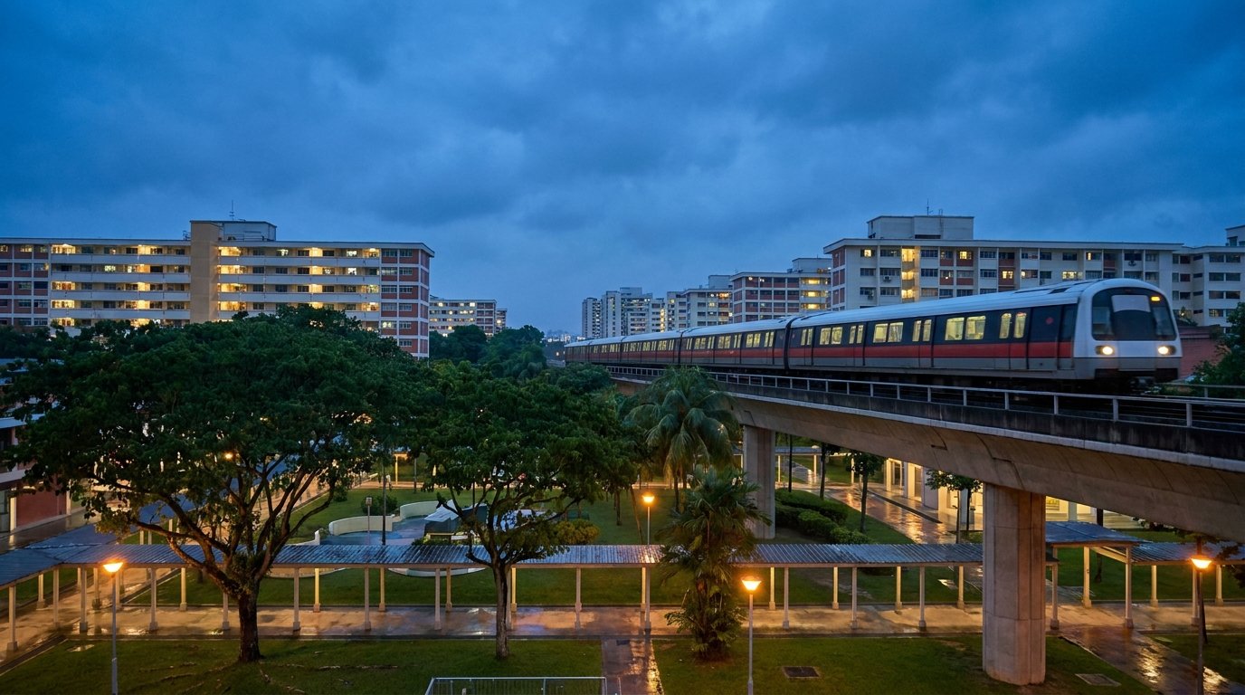 Elevated MRT train travelling through a Singapore housing estate