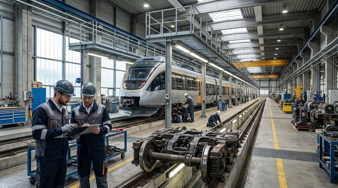Engineers working beside a passenger train in a maintenance depot