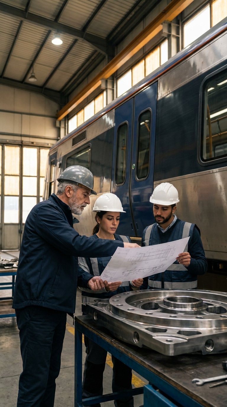 Rail engineering team reviewing a component in a depot