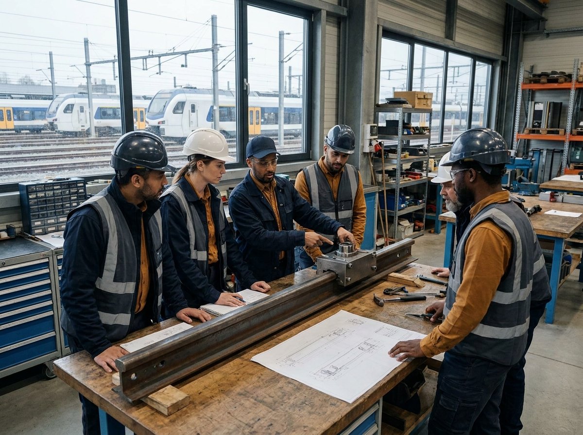 Engineering specialists collaborating around a rail component