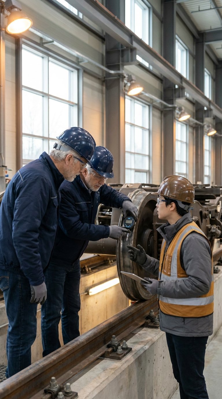 Technical partners inspecting a rail bogie interface together