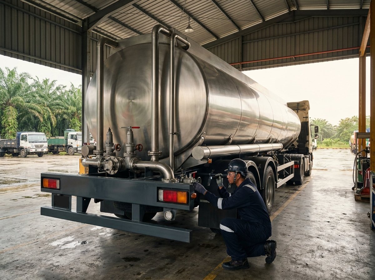 Petroleum road tanker undergoing safety inspection in Malaysia