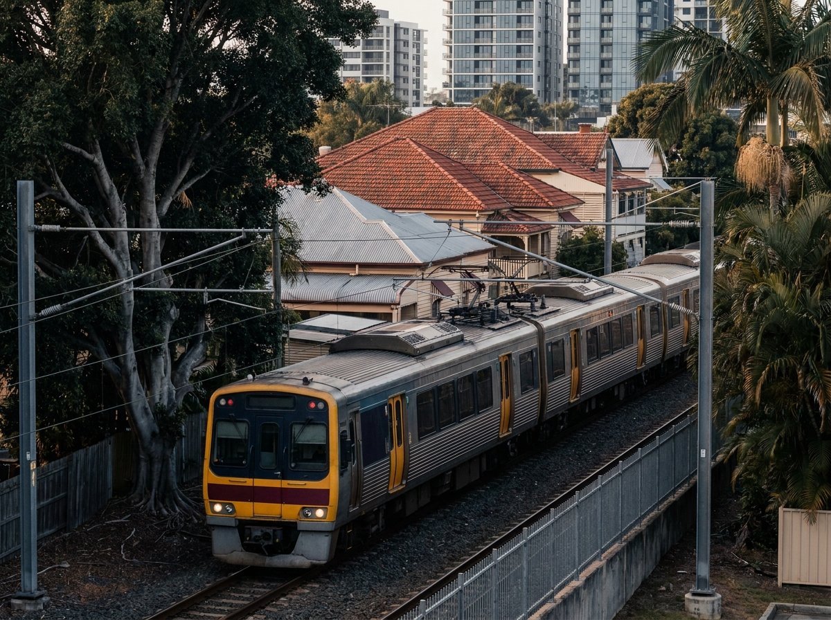 Brisbane suburban electric train in a subtropical rail corridor