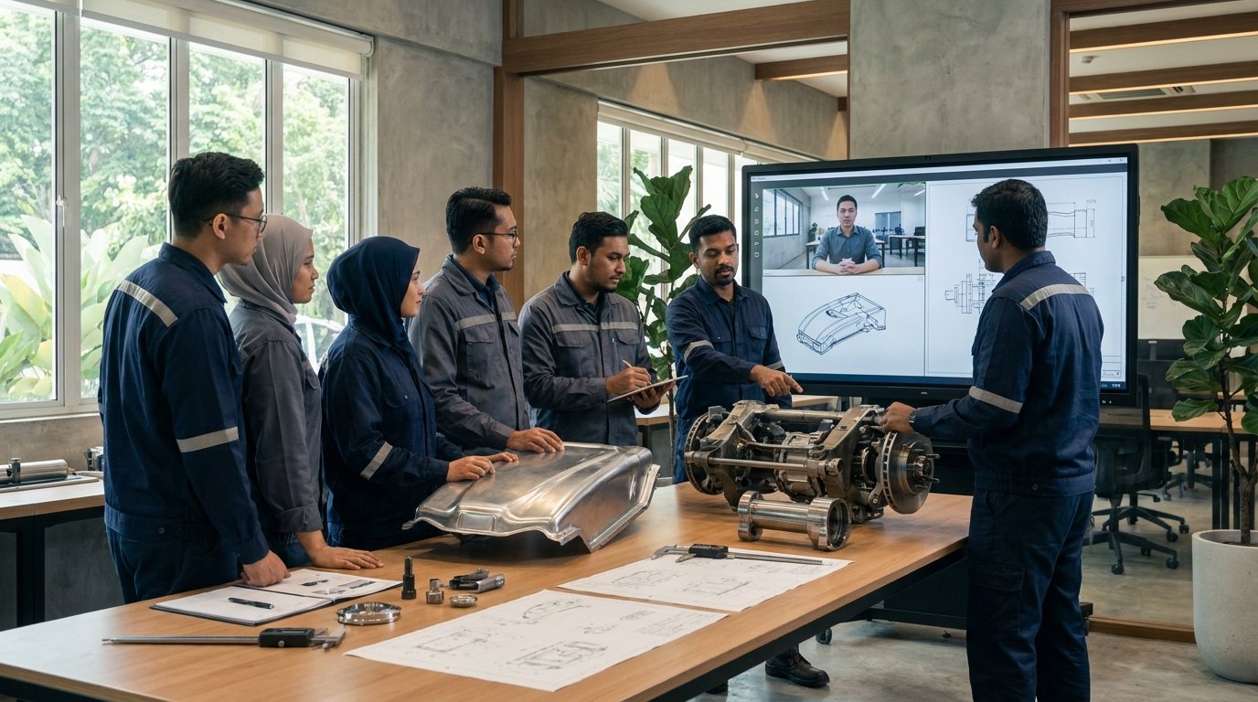 Malaysian and Indian engineers reviewing a rail subsystem prototype