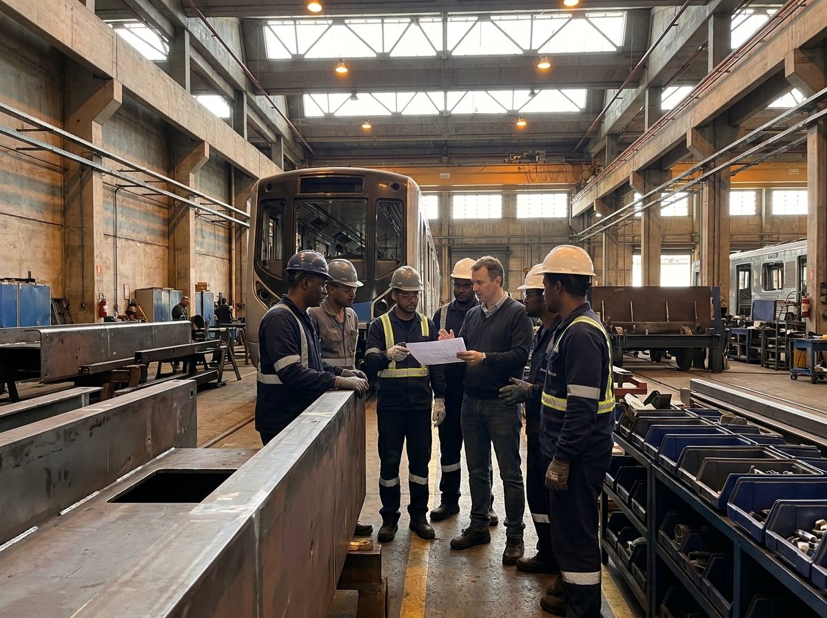 Brazilian technicians collaborating beside a locally assembled railcar