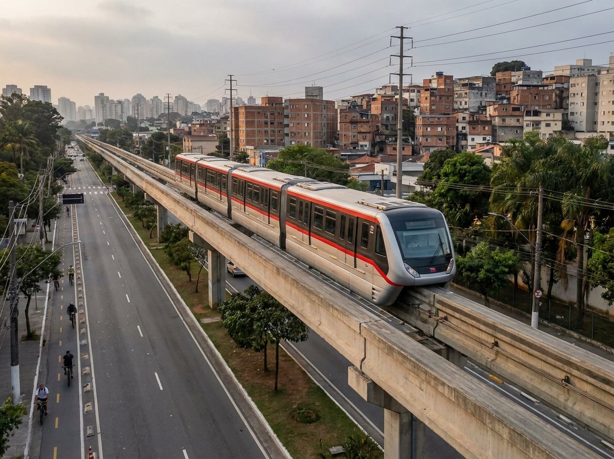 Sao Paulo monorail travelling above an eastern district avenue