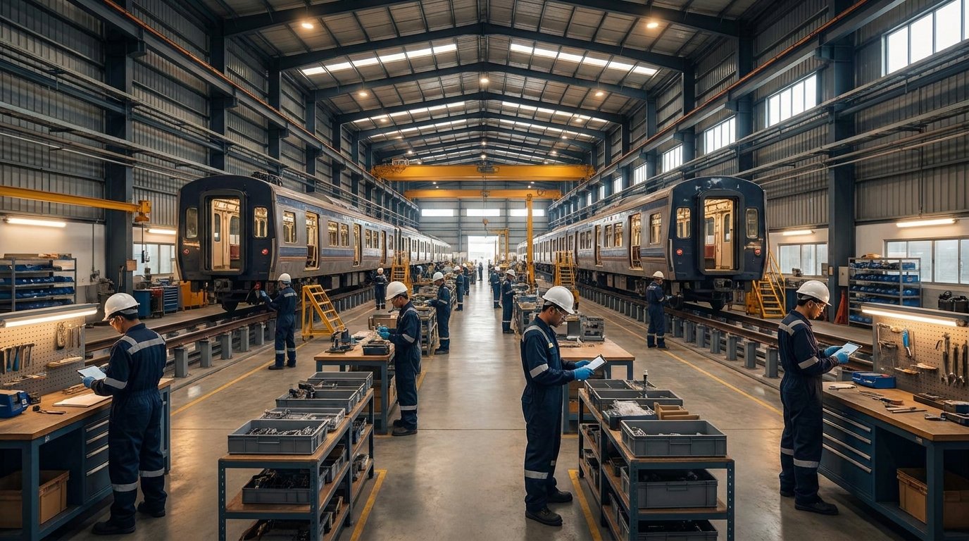 Rail vehicles progressing through an organised manufacturing facility