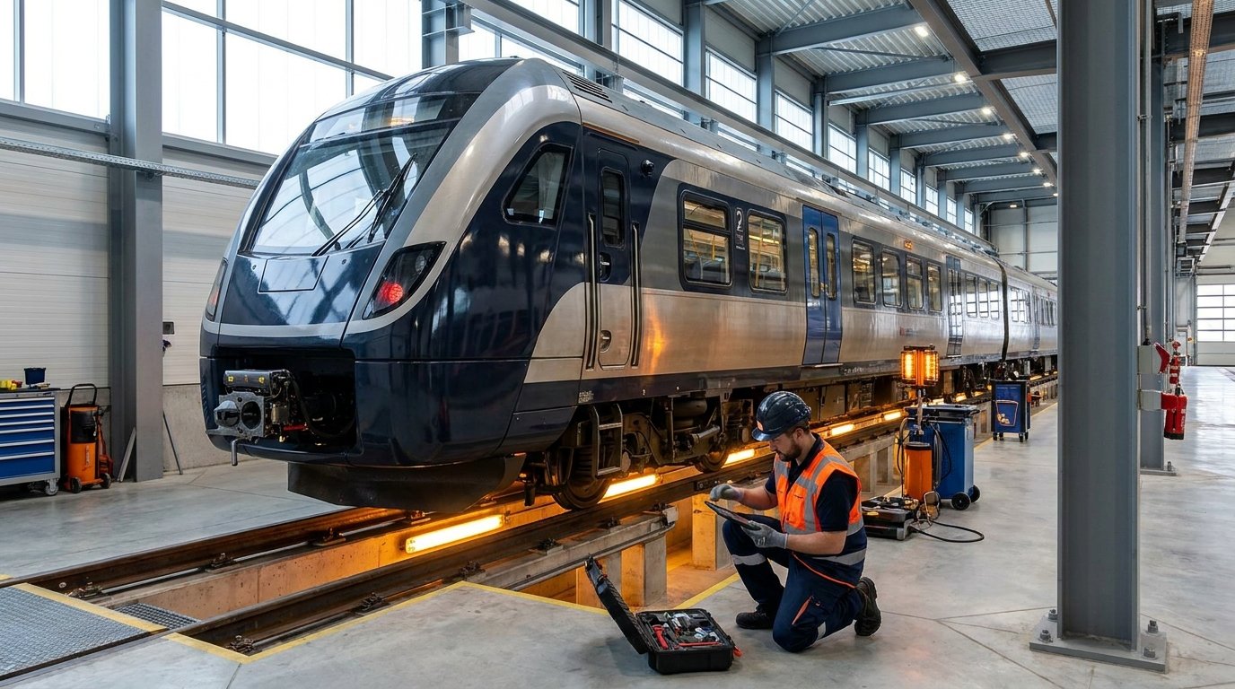 Modern electric passenger train being inspected in a rail depot