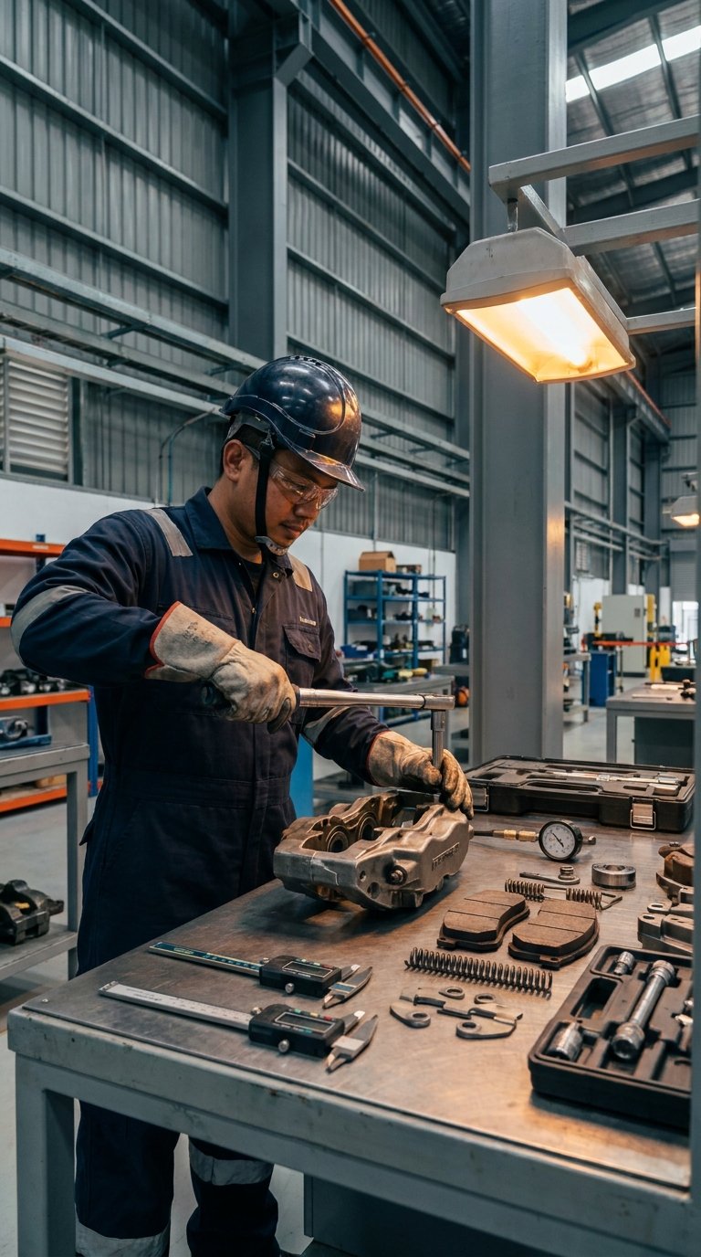Rail brake system undergoing specialist overhaul