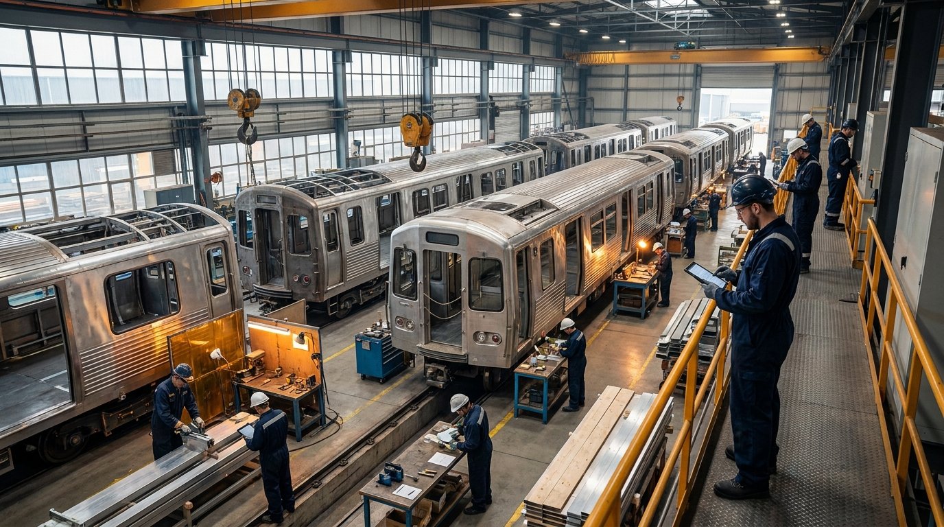 Railcar bodies moving through a large manufacturing facility