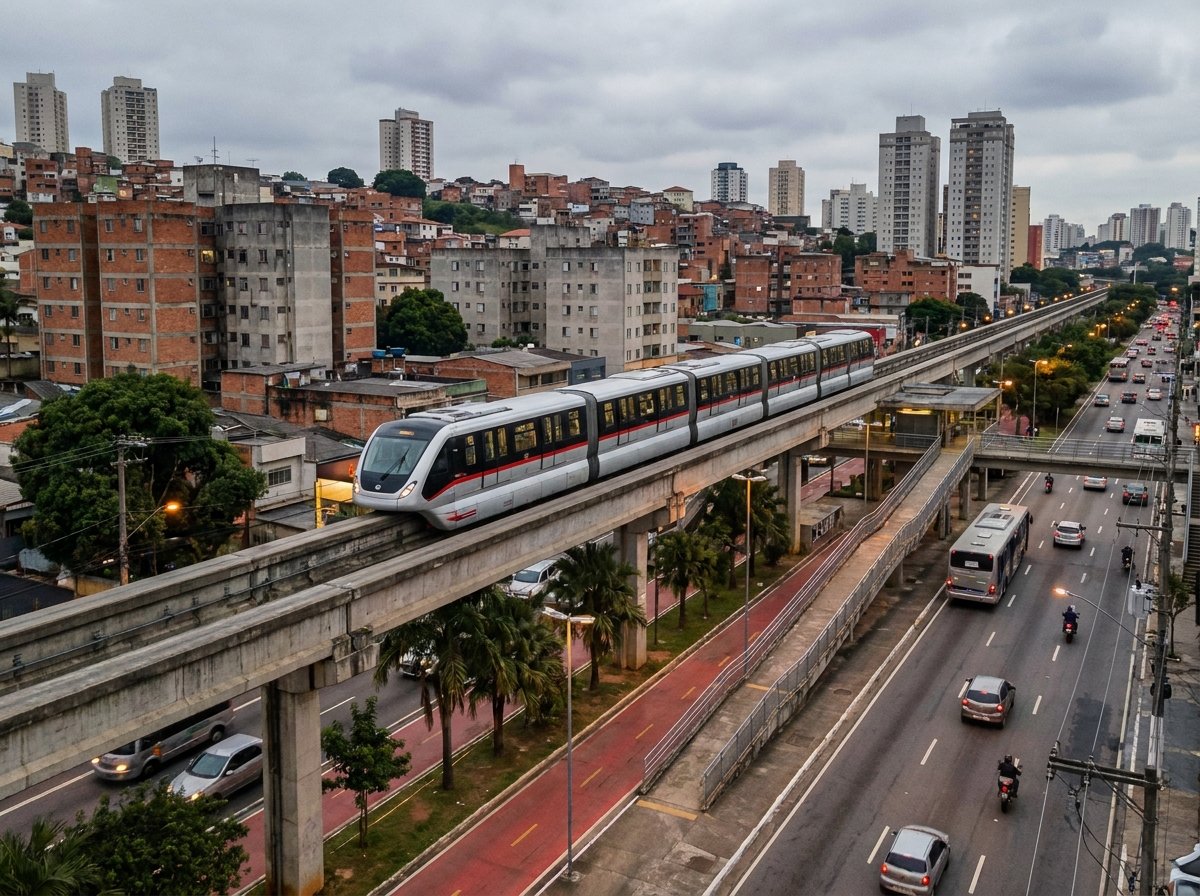 Monorail travelling on an elevated guideway through Sao Paulo