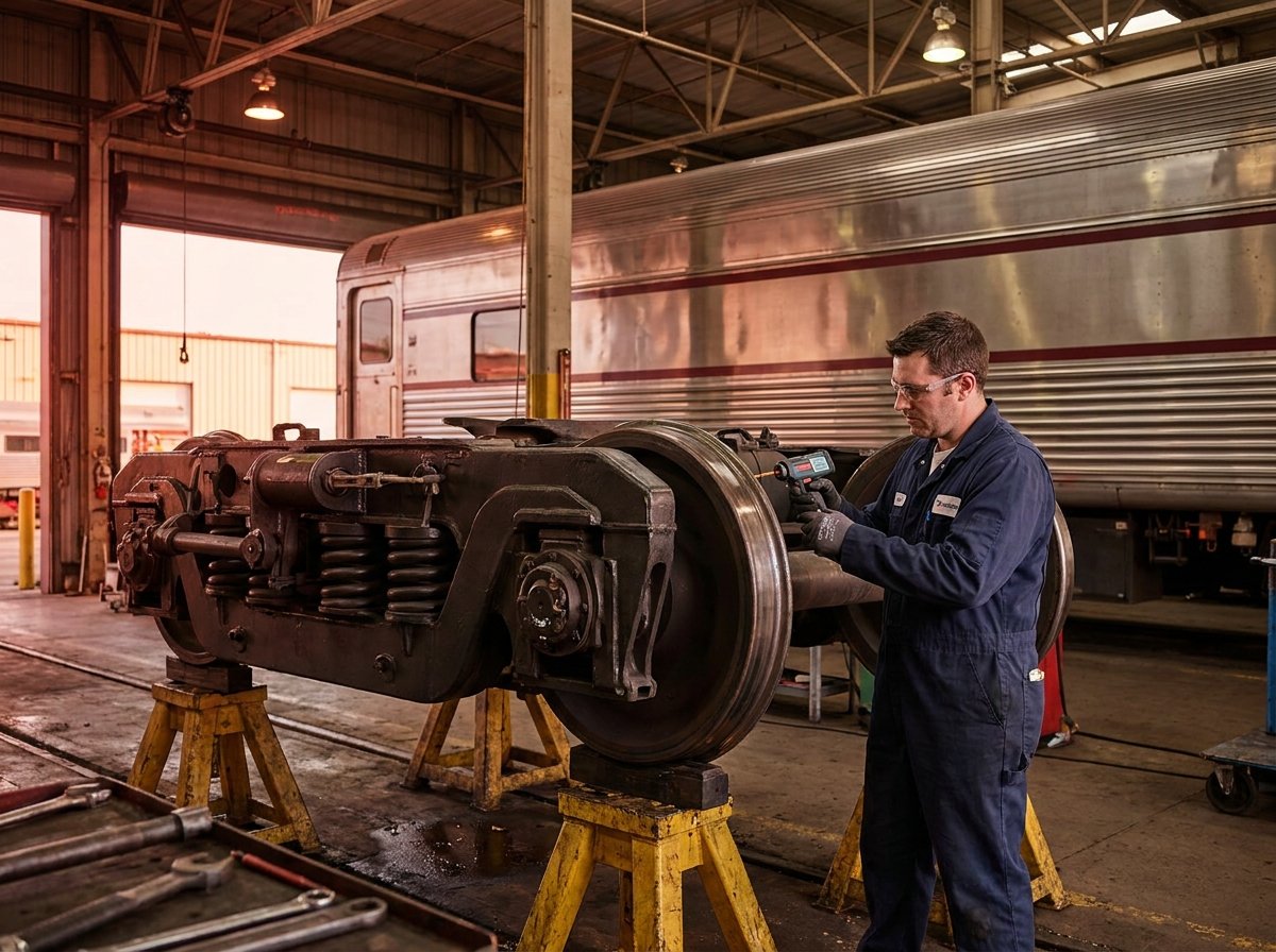 Long-distance passenger train bogie undergoing overhaul in Australia