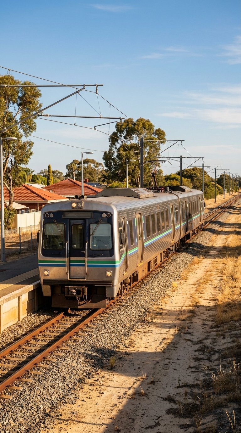 Perth electric commuter train approaching a suburban platform